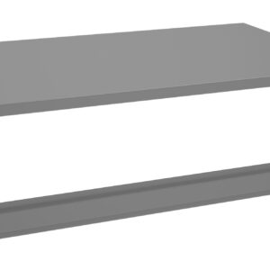 Gray metal shelf with a rectangular flat surface suspended above a long, narrow metal bracket. The bracket has holes at both ends for mounting. Both items are isolated on a white background.