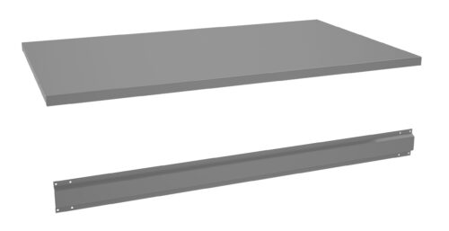 pchjsacaiivdr46u88rc.jpg Gray metal shelf with a rectangular flat surface suspended above a long, narrow metal bracket. The bracket has holes at both ends for mounting. Both items are isolated on a white background.