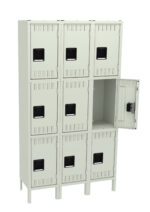A freestanding unit of nine square lockers stacked in three rows and three columns. One locker door in the middle row is open, revealing an empty compartment. The lockers are light gray with black handles.