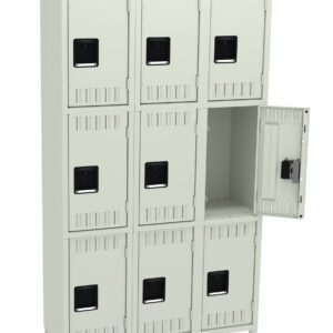 A freestanding unit of nine square lockers stacked in three rows and three columns. One locker door in the middle row is open, revealing an empty compartment. The lockers are light gray with black handles.
