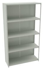 A tall, empty, metal shelving unit with five adjustable shelves. The unit is light gray and has a minimalist design. Each shelf has a perforated edge for customization.
