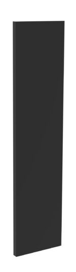 A tall, rectangular, black object with a smooth, flat surface standing upright against a plain white background.