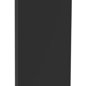 A tall, rectangular, black object with a smooth, flat surface standing upright against a plain white background.