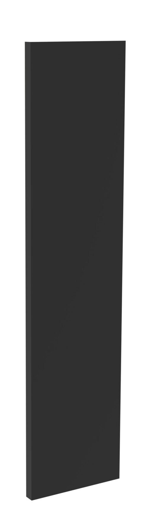A tall, rectangular, black object with a smooth, flat surface standing upright against a plain white background.