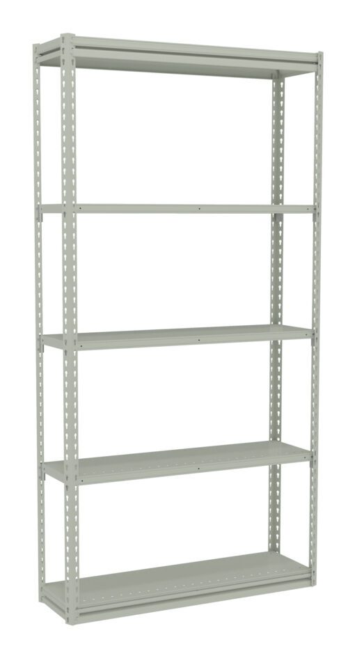 pdd6bw6sp1wwgozb2zse.jpg A tall, gray metal shelving unit with five adjustable shelves. The design is open with no backing or sides, featuring evenly spaced holes on the supporting beams for shelf adjustment. The shelves are empty.