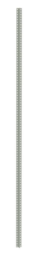 A long, vertical metal strip with rows of small, evenly spaced holes running along its length. The strip is gray and stands against a plain white background.