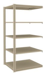 A metal storage rack with five adjustable shelves. The frame is made of perforated metal beams for easy customization of shelf heights. The shelves are flat, providing ample space for organizing items. The rack is beige.
