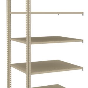 A metal storage rack with five adjustable shelves. The frame is made of perforated metal beams for easy customization of shelf heights. The shelves are flat, providing ample space for organizing items. The rack is beige.