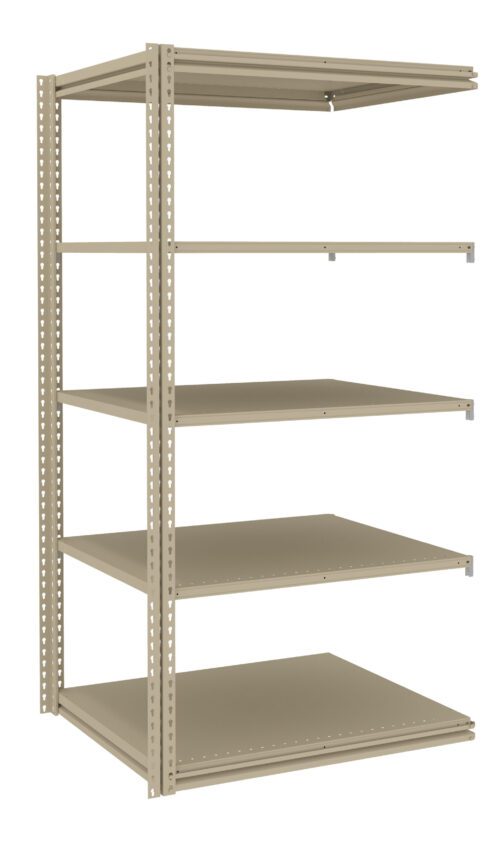 A metal storage rack with five adjustable shelves. The frame is made of perforated metal beams for easy customization of shelf heights. The shelves are flat, providing ample space for organizing items. The rack is beige.