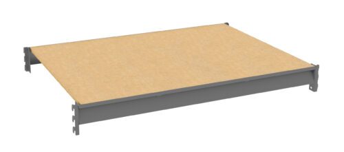 A wooden shelf panel with metal brackets on the edges is shown. The panel is rectangular and has a light brown surface. The metal brackets are dark gray and designed to fit into a shelving unit.