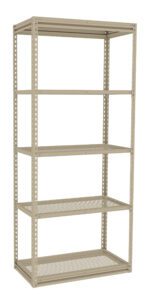 A beige metal shelving unit with five perforated shelves. The frame is made of metal beams with hole patterns for adjustable shelving. The unit is empty and stands against a white background.
