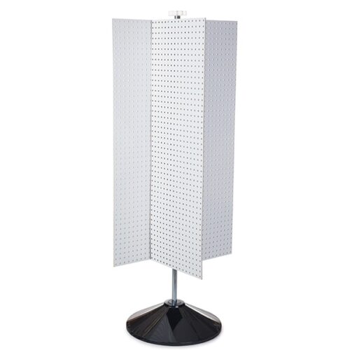 Meet the Vulcan SP REVOLVER PB-16, a rotating rack featuring a sleek triangular design with white perforated panels on a sturdy black base, ideal for hanging accessories or small tools.