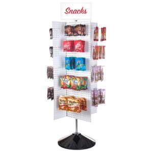 The Vulcan SP REVOLVER PB-16 snack display stand features a Snacks sign, rotating design, and sleek white pegboard on a sturdy black circular base. It showcases packaged treats like chips, chocolates, and candies on hooks for an optimal display.