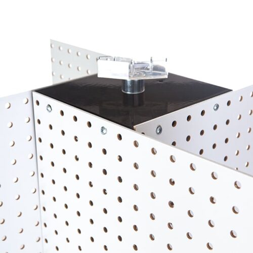 A close-up shows the Vulcan SP REVOLVER PB-16, a white perforated pegboard with interlocking sections forming right angles. A transparent bracket at the top adds stability, making it a robust and flexible solution for efficiently organizing tools or accessories.