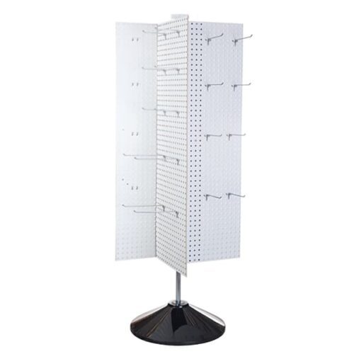 The Vulcan SP REVOLVER PB-16 is a versatile display stand with rotating pegboard panels and multiple hooks, on an elegant black base, ideal for showcasing accessories or small items efficiently.