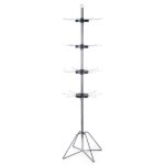 The Vulcan WIRE B 32 HOOKS NO POCKETS is a tall, freestanding display rack with four-tiered circular arms that radiate multiple hooks. Its tripod base provides stability and ample space for hanging accessories or small merchandise, featuring 32 hooks and no pockets.