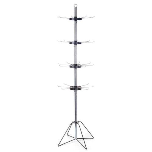 The Vulcan WIRE B 32 HOOKS NO POCKETS is a tall, freestanding display rack with four-tiered circular arms that radiate multiple hooks. Its tripod base provides stability and ample space for hanging accessories or small merchandise, featuring 32 hooks and no pockets.