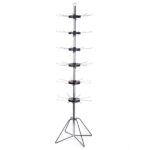 The Vulcan WIRE B 48 HOOKS NO POCKETS is a tall black metal rack with rotating tiers and adjustable arms. Its tripod base holds up to 48 hooks, making it perfect for efficiently displaying accessories or small items.