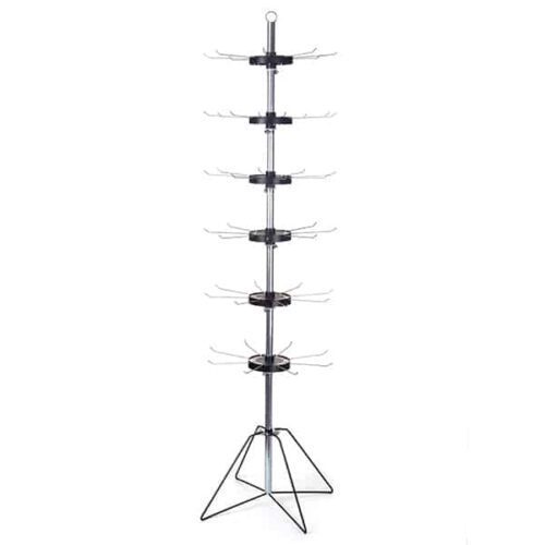The Vulcan WIRE B 48 HOOKS NO POCKETS is a tall black metal rack with rotating tiers and adjustable arms. Its tripod base holds up to 48 hooks, making it perfect for efficiently displaying accessories or small items.