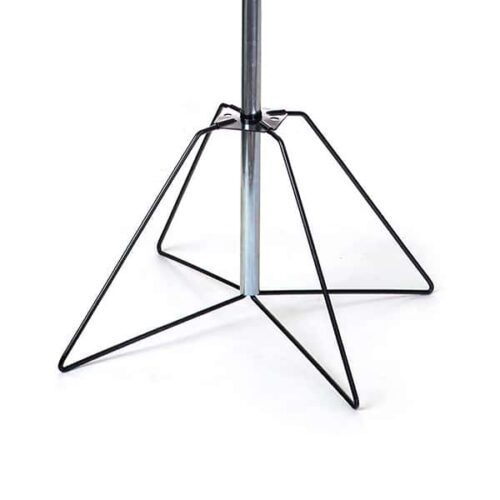 A close-up of the Vulcan WIRE B 32 HOOKS NO POCKETS tripod stand showcases its chrome-finished column and a base comprising three thin, angular wire legs forming triangle shapes on the floor for stability.