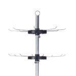 The Vulcan WIRE B 32 HOOKS NO POCKETS is a sleek metallic stand with two tiers of circular metal hooks, each tier featuring eight hooks. It combines style and functionality, topped with a small loop for convenience.