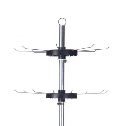 The Vulcan WIRE B 32 HOOKS NO POCKETS is a sleek metallic stand with two tiers of circular metal hooks, each tier featuring eight hooks. It combines style and functionality, topped with a small loop for convenience.
