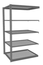 A metal storage rack with five levels, featuring perforated shelves and a sturdy frame. The shelves are evenly spaced and supported by vertical beams with holes for adjustable height. The design appears industrial and robust.