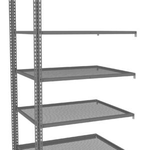 A metal storage rack with five levels, featuring perforated shelves and a sturdy frame. The shelves are evenly spaced and supported by vertical beams with holes for adjustable height. The design appears industrial and robust.