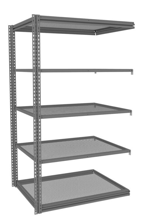 A metal storage rack with five levels, featuring perforated shelves and a sturdy frame. The shelves are evenly spaced and supported by vertical beams with holes for adjustable height. The design appears industrial and robust.