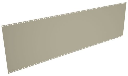 An angled view of a long, beige computer punch card with rows of small square holes along the top and bottom edges. The card is blank and has a plain surface.