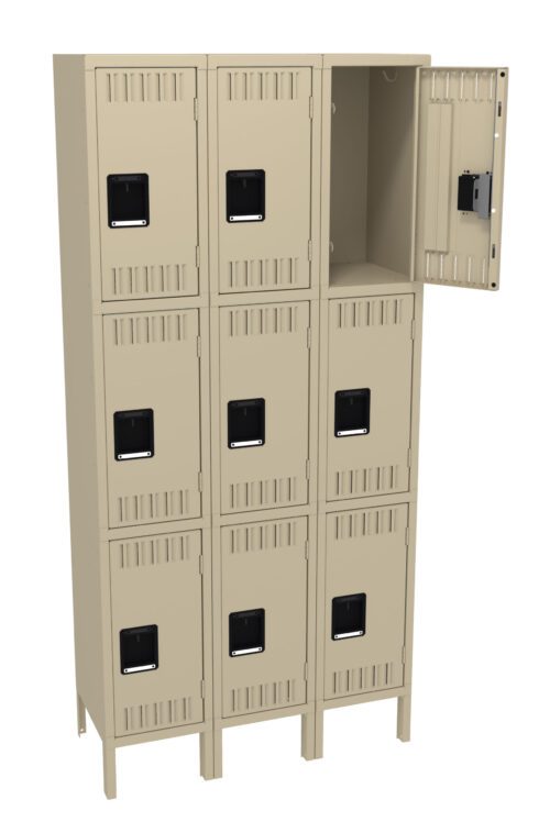 pf2iuoxigwi2wntli4rw.jpg A beige metal locker unit with three vertical columns and four horizontal rows. The top right locker door is open, showing an empty compartment inside. The other doors are closed, each featuring a small rectangular handle.