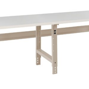 A long, rectangular workbench with a white tabletop and beige, adjustable metal legs. The bench is sturdy and suitable for industrial or workshop use. The background is plain white.