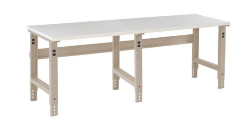 pf8760wpd037xwzpgvte.jpg A long, rectangular workbench with a white tabletop and beige, adjustable metal legs. The bench is sturdy and suitable for industrial or workshop use. The background is plain white.