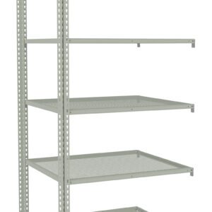 Industrial metal shelving unit with multiple gray shelves and a perforated design. The structure is sturdy with six shelves, suitable for storage and organization in various settings. The shelves are open without any items.