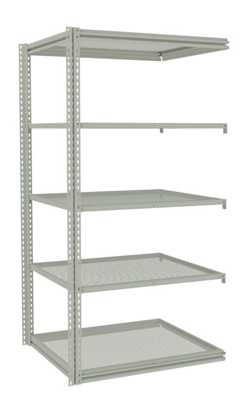 Industrial metal shelving unit with multiple gray shelves and a perforated design. The structure is sturdy with six shelves, suitable for storage and organization in various settings. The shelves are open without any items.