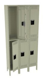 A set of six beige metal lockers, arranged in two columns. Each column has three lockers. Two locker doors are open, revealing the empty interiors. The lockers have ventilation slots and black handles.