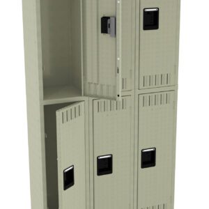 A set of six beige metal lockers, arranged in two columns. Each column has three lockers. Two locker doors are open, revealing the empty interiors. The lockers have ventilation slots and black handles.