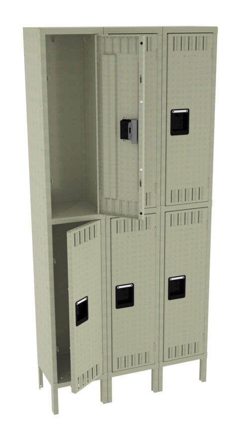 pfrripel4fggbint4phb.jpg A set of six beige metal lockers, arranged in two columns. Each column has three lockers. Two locker doors are open, revealing the empty interiors. The lockers have ventilation slots and black handles.