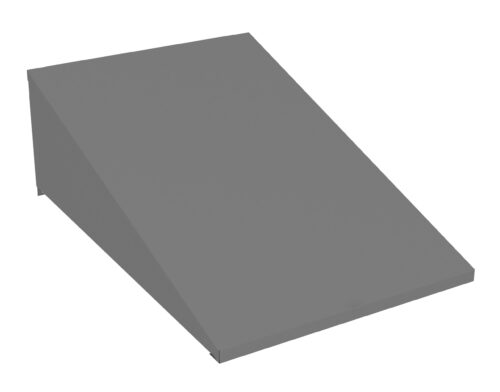 pg0p1n9tqxqzfj69qd67.jpg A gray, triangular prism shaped object with a flat top and slanted sides, resembling a wedge or ramp. The front is rectangular, while the sloped surface angles towards a thinner edge. The material appears smooth and solid.