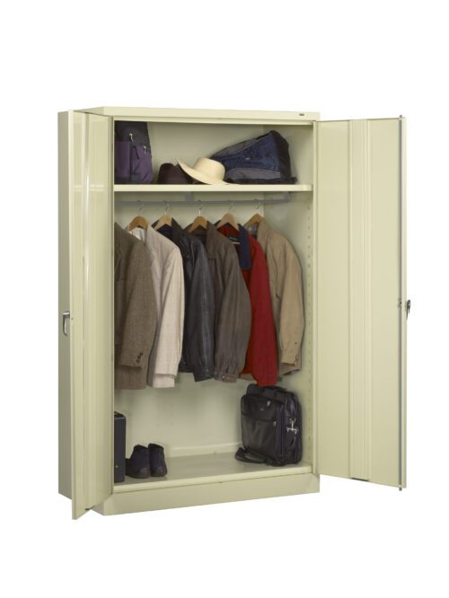 pgbgatql83qlhmkd0ipr.jpg A beige metal locker with open doors showing jackets hanging on a rod, hats and folded clothes on the top shelf, a bag and shoes on the bottom.