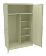 Beige metal storage cabinet with open doors, revealing a rail for hanging clothes on the left and three adjustable shelves on the right. The cabinet stands on a flat base and has sleek handles on each door.