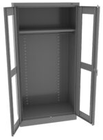 Open gray metal storage cabinet with two doors, featuring a single shelf at the top and multiple holes along the sides for adjustable shelving. The empty interior is spacious, designed for storing various items.