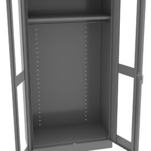 Open gray metal storage cabinet with two doors, featuring a single shelf at the top and multiple holes along the sides for adjustable shelving. The empty interior is spacious, designed for storing various items.