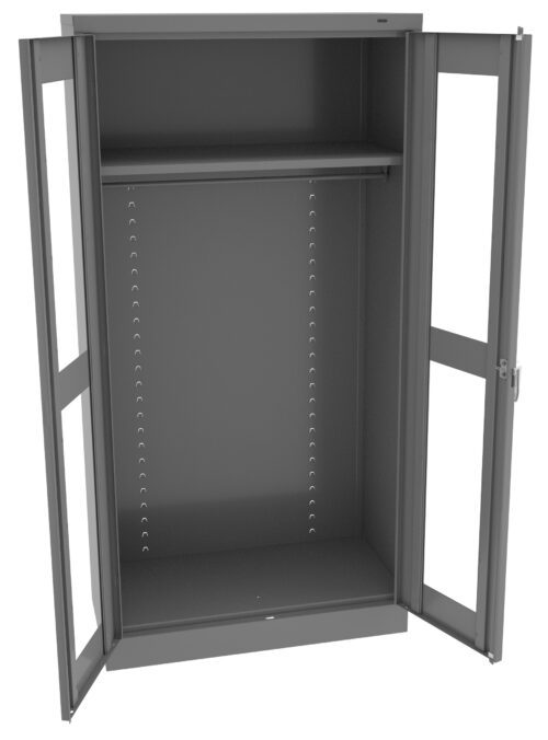 Open gray metal storage cabinet with two doors, featuring a single shelf at the top and multiple holes along the sides for adjustable shelving. The empty interior is spacious, designed for storing various items.