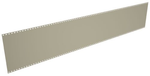 A long strip of blank film with perforated edges against a white background, slightly angled and fading into the distance.