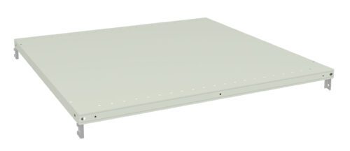 pgqnob0mk9pcnhtss4y6.jpg A light gray, rectangular metal shelf with holes along its edges and a smooth surface, shown from an angle on a white background.