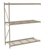 A metal storage rack with three ventilated shelves, suitable for industrial or garage use. The shelves are evenly spaced, and the structure appears sturdy, made from metal bars and grid patterns for support and ventilation.