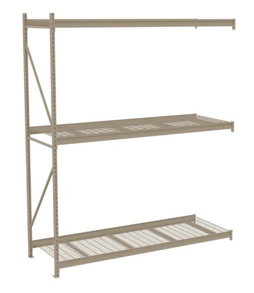 A metal storage rack with three ventilated shelves, suitable for industrial or garage use. The shelves are evenly spaced, and the structure appears sturdy, made from metal bars and grid patterns for support and ventilation.