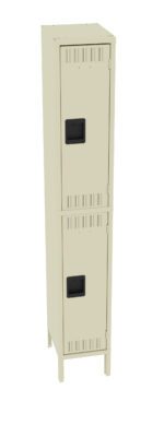Beige metal locker with two doors, one above the other, featuring black handles and small ventilation slits near the top and bottom of each door. The locker stands on short legs and is shown against a white background.