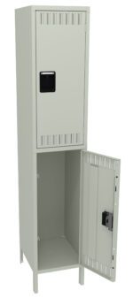A tall, light gray metal locker with two compartments. The top compartment is closed, while the bottom compartments door is open, revealing an empty interior. Both compartments have ventilation slots and a black rectangular handle.